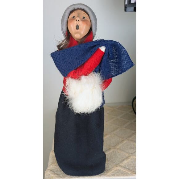 Byers' Choice Caroler Vintage 1989 Woman Black Skirt Red Coat Fur Muff Gray Hat - Picture 3 of 11